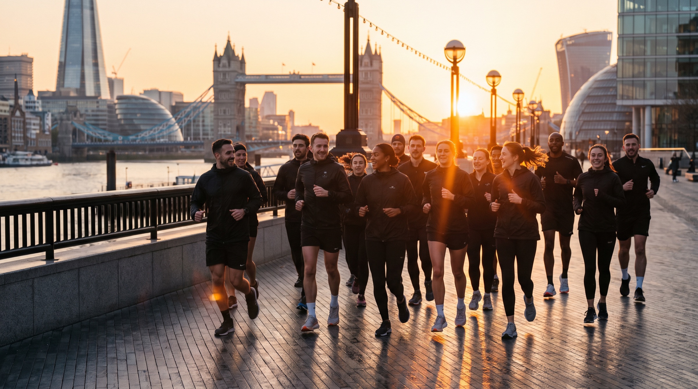 TEMPER run club crossing a Thames bridge at sunrise